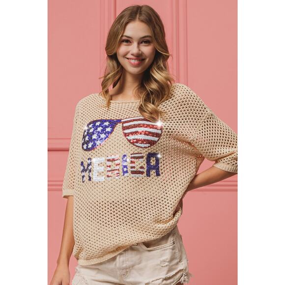 BiBi Sequin American Flag Sunglasses Pattern Open Knit Cover Up Top | Oatmeal - Picture 6 of 11